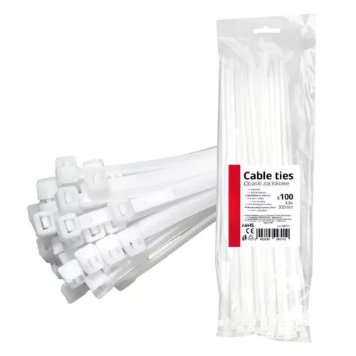 Set de 100 de legături de cablu din plastic, albe (4.8×300mm)
