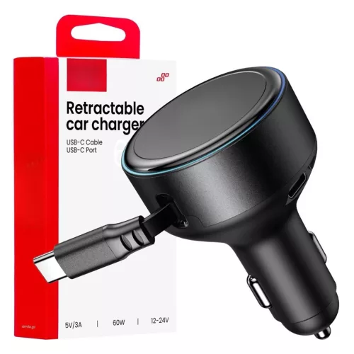 Încărcător auto de 60 W cu cablu USB-C retractabil, 12V/24V