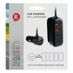 Încărcător auto 12–24 V, USB-A + USB-C, cu funcție hub