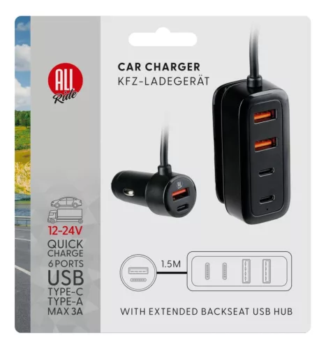 Încărcător auto 12–24 V, USB-A + USB-C, cu funcție hub