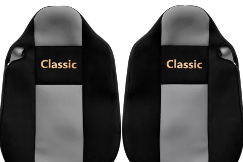 Set huse de scaun pluș Renault T (tetieră integrată - negru/gri)