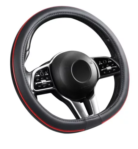 Husă volan aspect piele 38 cm / tip „D” cu inserții roșii