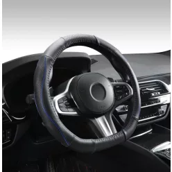   "D" Husă de volan din piele naturală, perforată, cu model cu inserții albastre