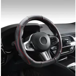   "D" Husă de volan din piele naturală, perforată, cu model cu inserții roșii