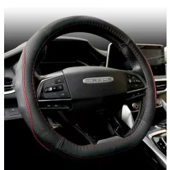   Husă volan din piele neagră, tip D, diametru 38 cm, cu inserție roșie
