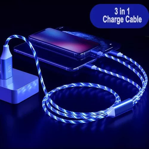 Cablu de încărcare LED luminos 3 în 1 Micro USB + Type C + Apple Lightning - albastru