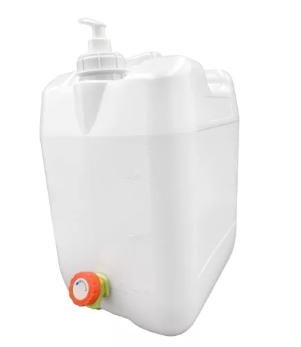Canistră de apă cu dozator de săpun 10L (albă), cu robinet din plastic