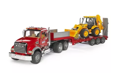 Mack Granite cu camion cu platformă și excavator JCB