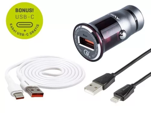 Încărcător USB 12/24V, USB-C și cablu Lightning