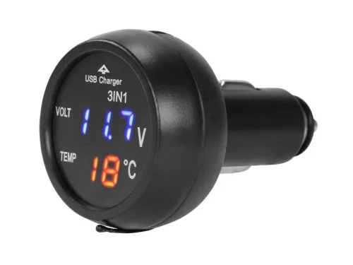 Încărcător USB pentru brichetă cu voltmetru și termometru